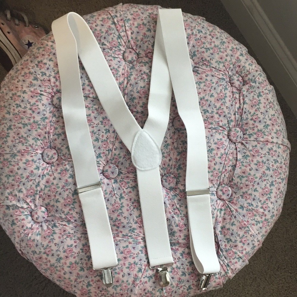 White Suspenders with Silver Clasps and Adjusters